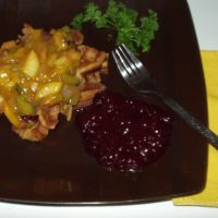 Apple Vegan Waffle Stuffing with cranberry sauce
