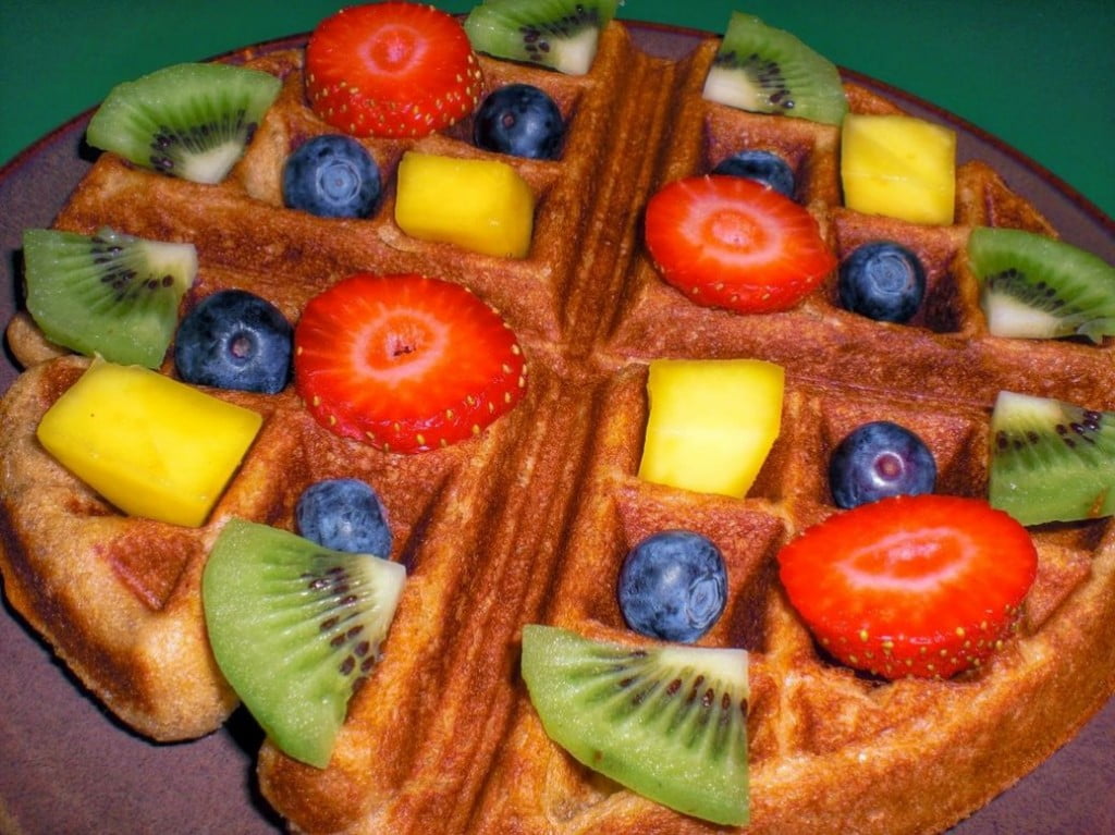 Sweet Yeasted Vegan Waffle with Fruit Rainbow Topping
