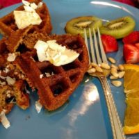 vegan waffles with coconut, kiwi, & strawberry