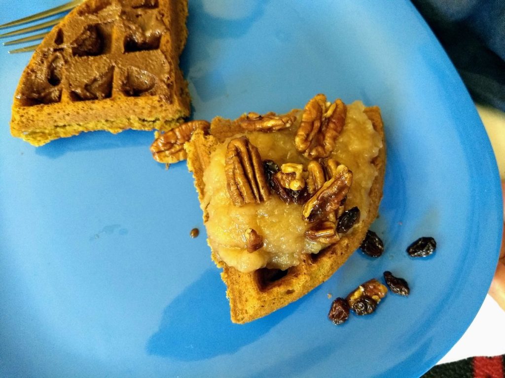 vegan gluten-free waffles with pecans and chocolate