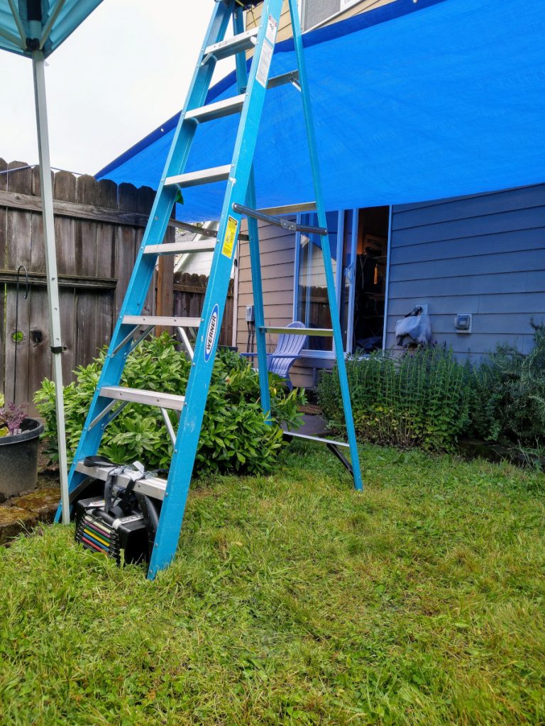 tarp covering back yard for waffle party, with weighted ladder in foreground