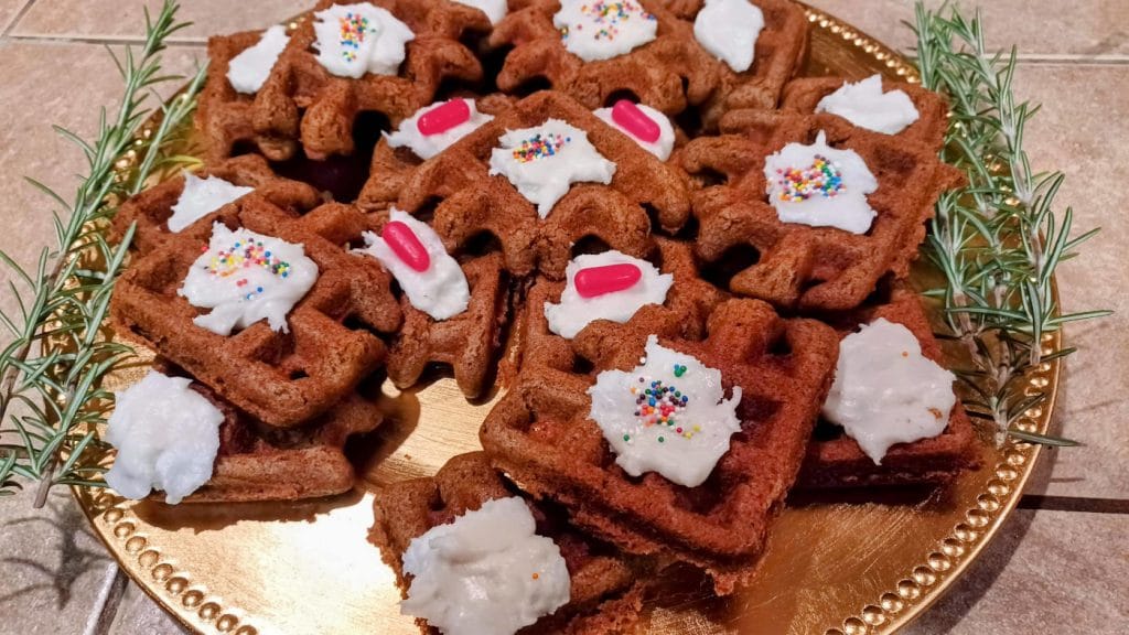 vegan gingerbread waffles on platter for solstice party
